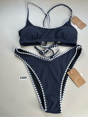 Berlook Bikini Set Medium Navy Contrast Stitch Ribbed New
